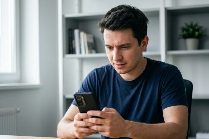 Homme tenant un smartphone Redmi dans un espace de travail moderne, examinant ses fonctionnalités