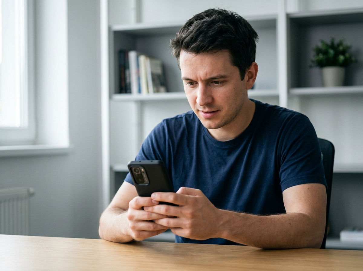 Homme tenant un smartphone Redmi dans un espace de travail moderne, examinant ses fonctionnalités