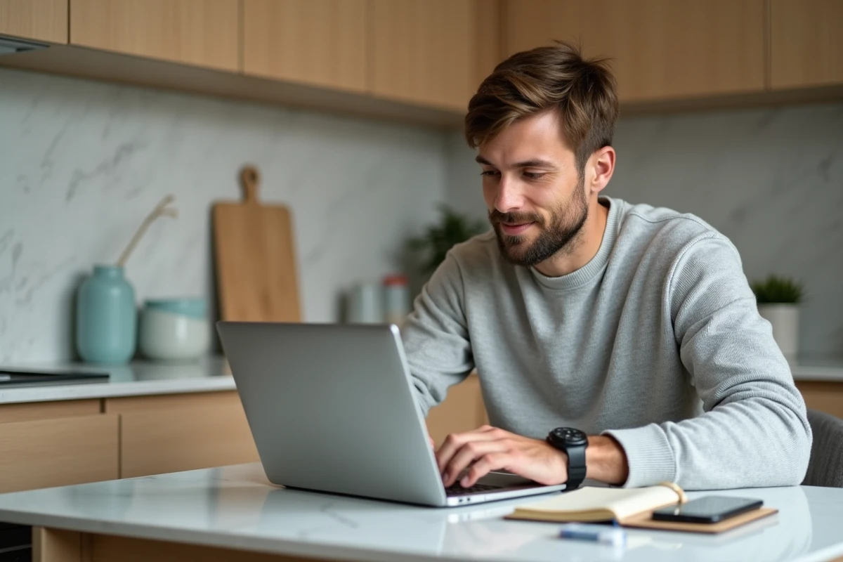 Homme d'âge moyen travaillant sur son ordinateur dans la cuisine