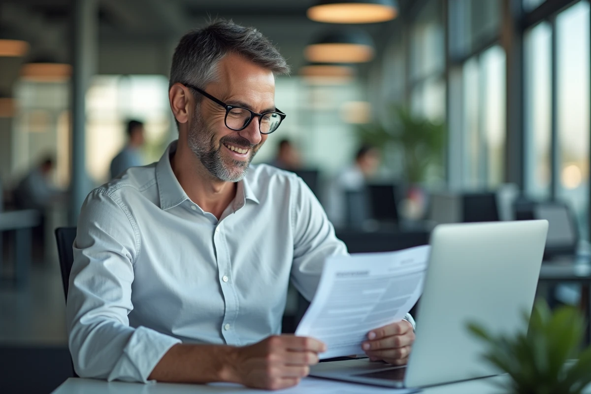 Homme vérifiant un PDF imprimé dans un espace de travail partagé