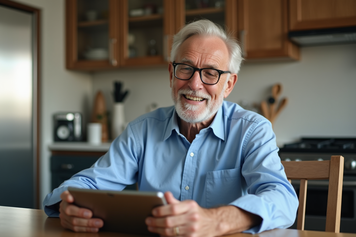 Homme âgé en visioconférence dans une cuisine moderne