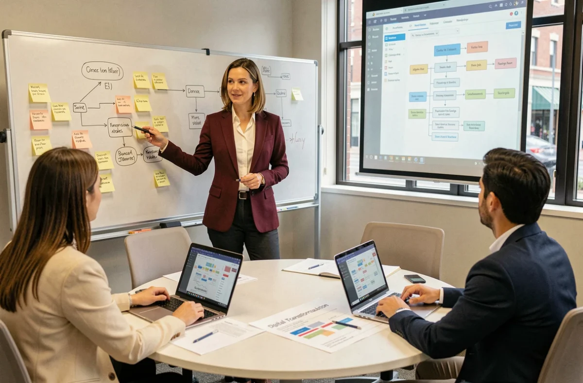 Consultante en transformation numérique d'Icsis animant un atelier de maîtrise fonctionnelle avec une équipe autour d'un tableau blanc et de diagrammes de processus