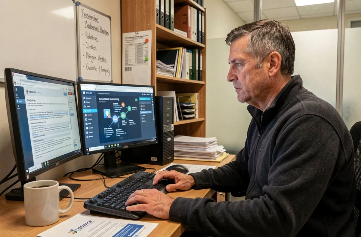 Technicien d'InfHor supervisant l'infogérance et la cybersécurité de PME depuis son poste de travail dans un bureau de services managés