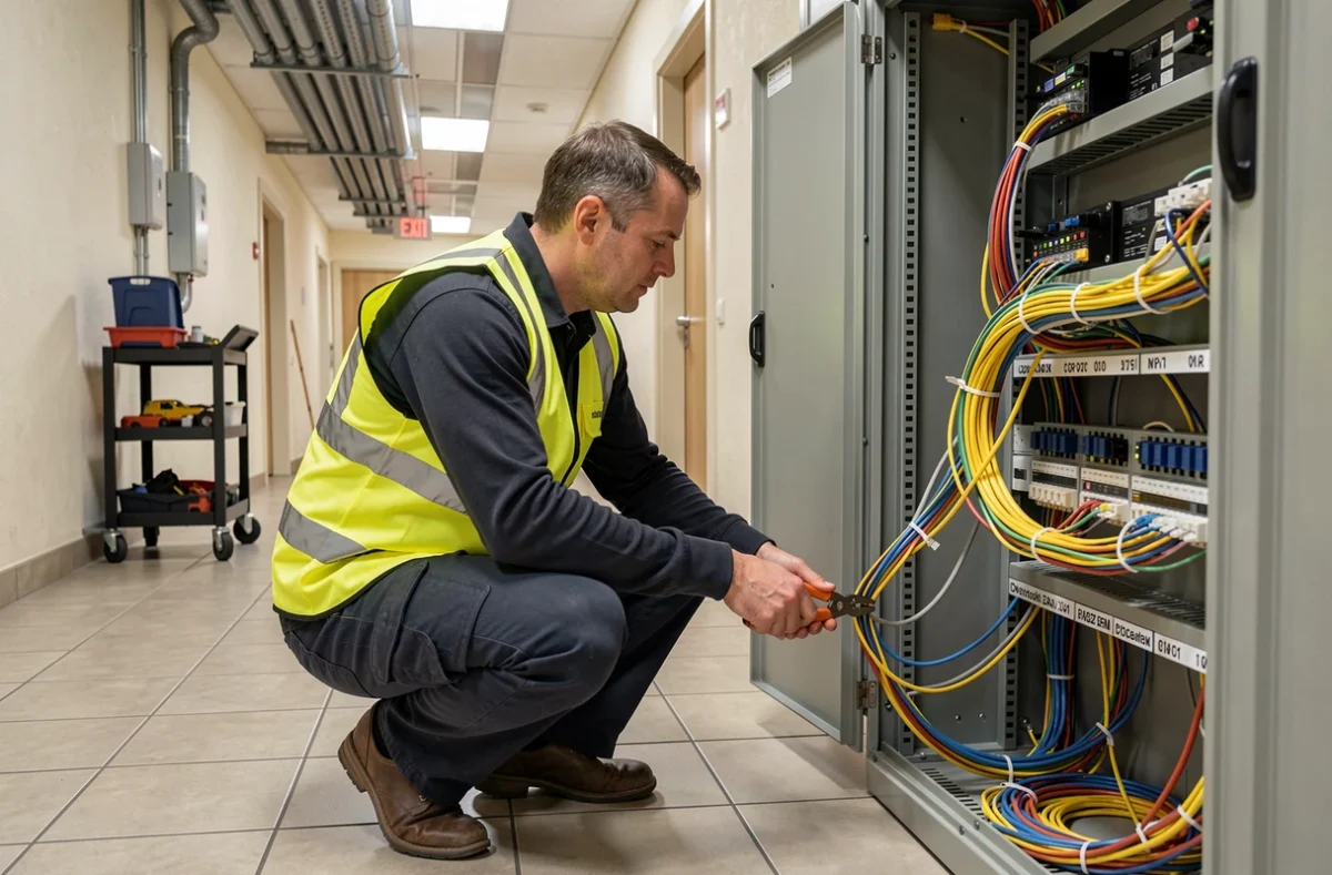 Technicien d'Infranat installant et câblant une armoire réseau dans un couloir de bâtiment commercial, illustrant les services d'installation réseau