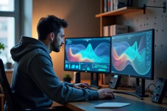 Ingénieur informaticien analysant des paramètres de Neural Radiance Fields sur des écrans affichant des nuages de points 3D colorés dans un bureau moderne