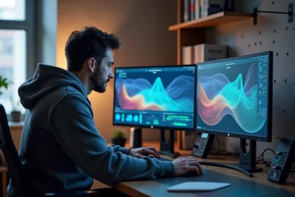 Ingénieur informaticien analysant des paramètres de Neural Radiance Fields sur des écrans affichant des nuages de points 3D colorés dans un bureau moderne