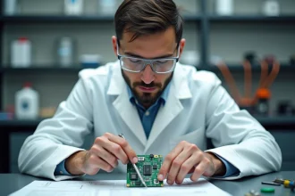 Ingénieur électronique examinant un prototype de circuit imprimé dans un laboratoire de micro-technologie