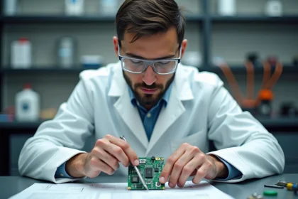 Ingénieur électronique examinant un prototype de circuit imprimé dans un laboratoire de micro-technologie
