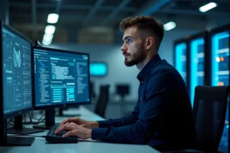 Jeune homme ingénieur réseau au bureau avec écrans