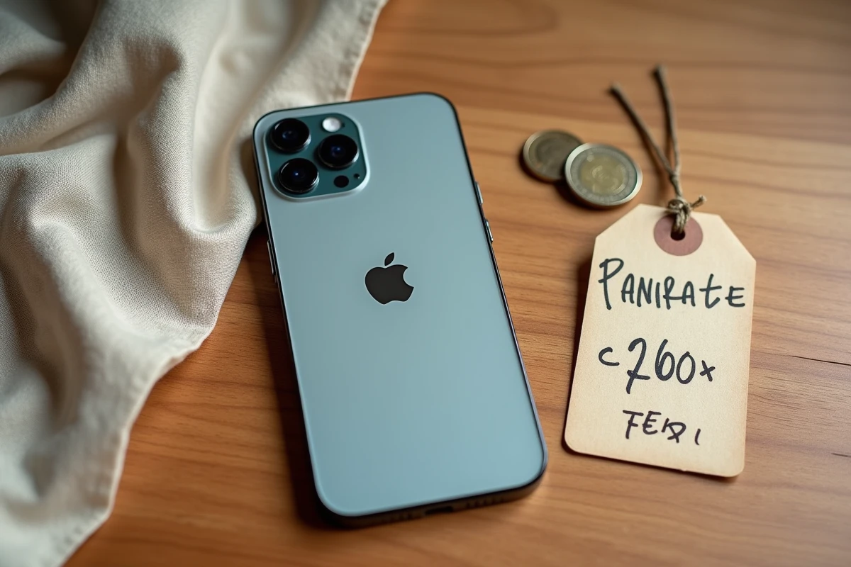 iPhone 12 Pro posé sur une table en bois avec des pièces de monnaie et une étiquette de prix pour illustrer les bonnes affaires