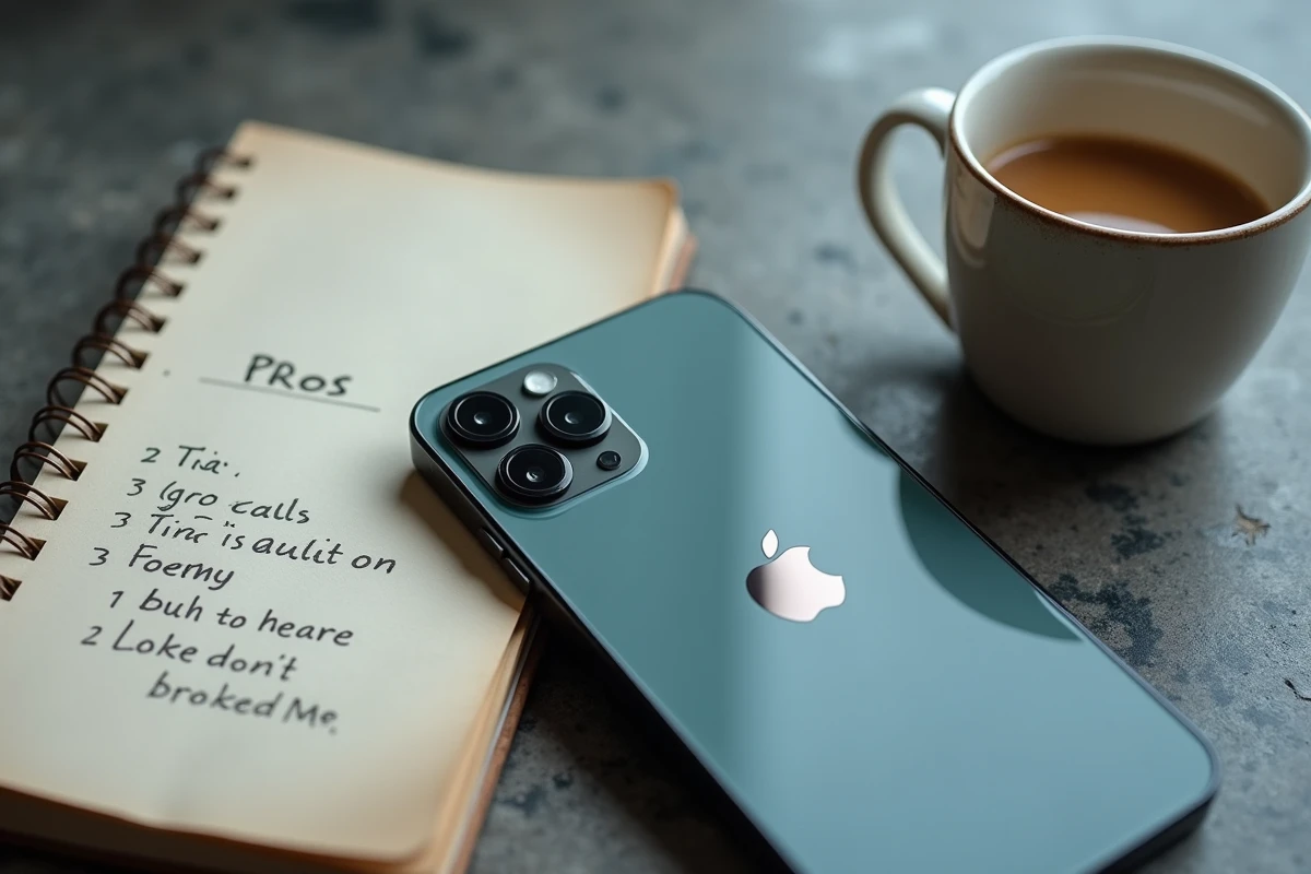 iPhone 14 posé sur une surface en béton avec un carnet de notes pour une décision d'achat réfléchie