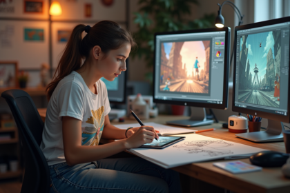 Jeune animatrice dessinant sur tablette dans un studio créatif