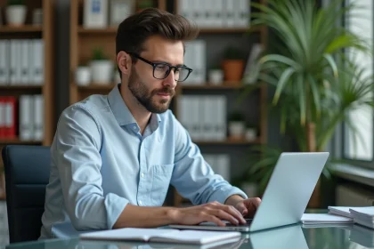 Jeune enseignant concentré travaillant sur un ordinateur dans un bureau moderne