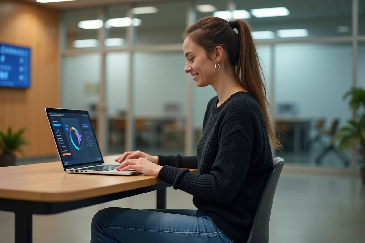 Jeune femme souriante au bureau universitaire moderne