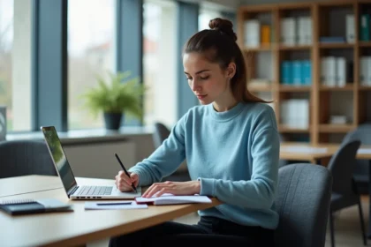 Jeune femme lisant un email au bureau à Grenoble