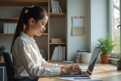 Jeune femme travaillant sur un ordinateur dans un bureau lumineux