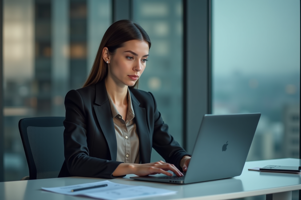 Jeune femme professionnelle travaillant sur un ordinateur en bureau moderne