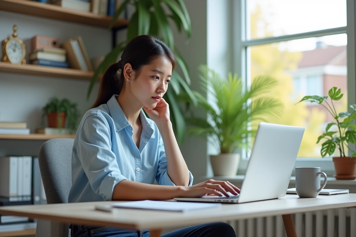 Jeune femme au bureau en train de consulter un portail éducatif