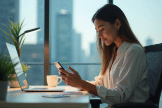 Jeune femme professionnelle travaillant sur son smartphone au bureau