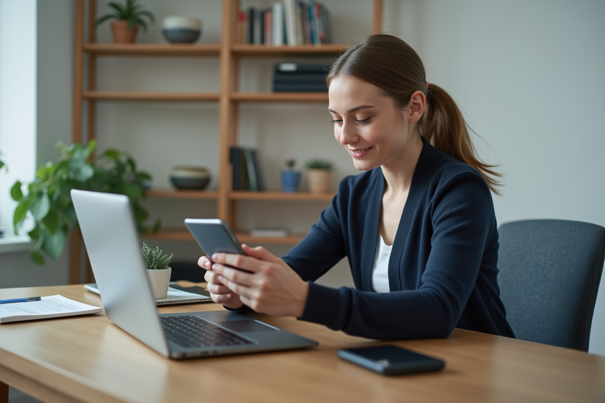 Jeune femme compare smartphone, tablette et ordinateur
