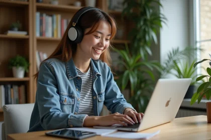 Jeune femme souriante avec casque et smartphone dans un intérieur cosy