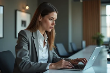 Femme professionnelle concentrée sur son ordinateur dans un bureau moderne