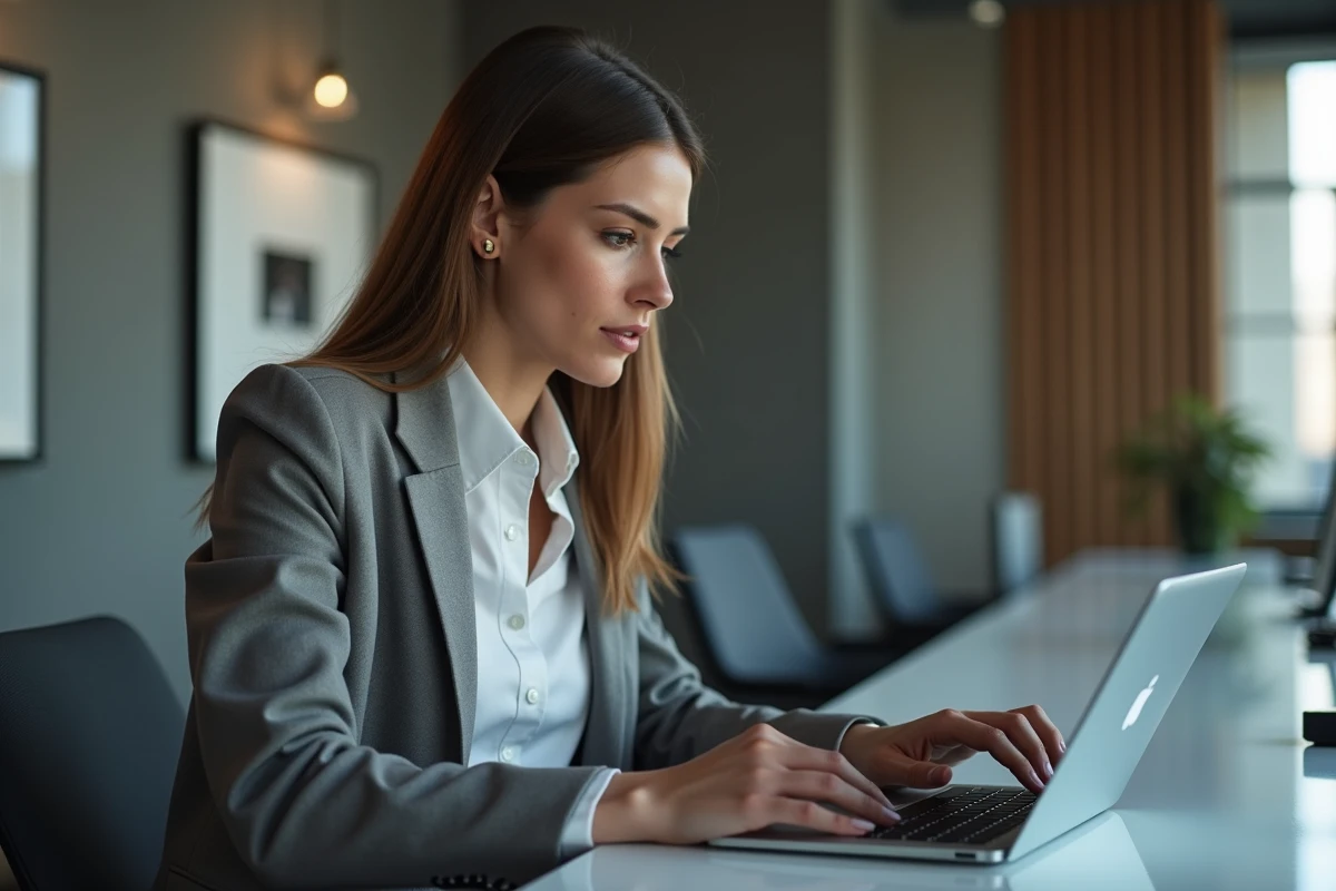 Femme professionnelle concentrée sur son ordinateur dans un bureau moderne
