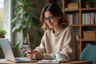 Jeune femme concentrée sur son smartphone dans un bureau cosy