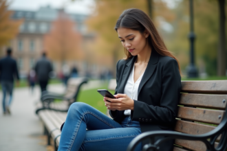Jeune femme professionnelle utilisant son smartphone dans un parc