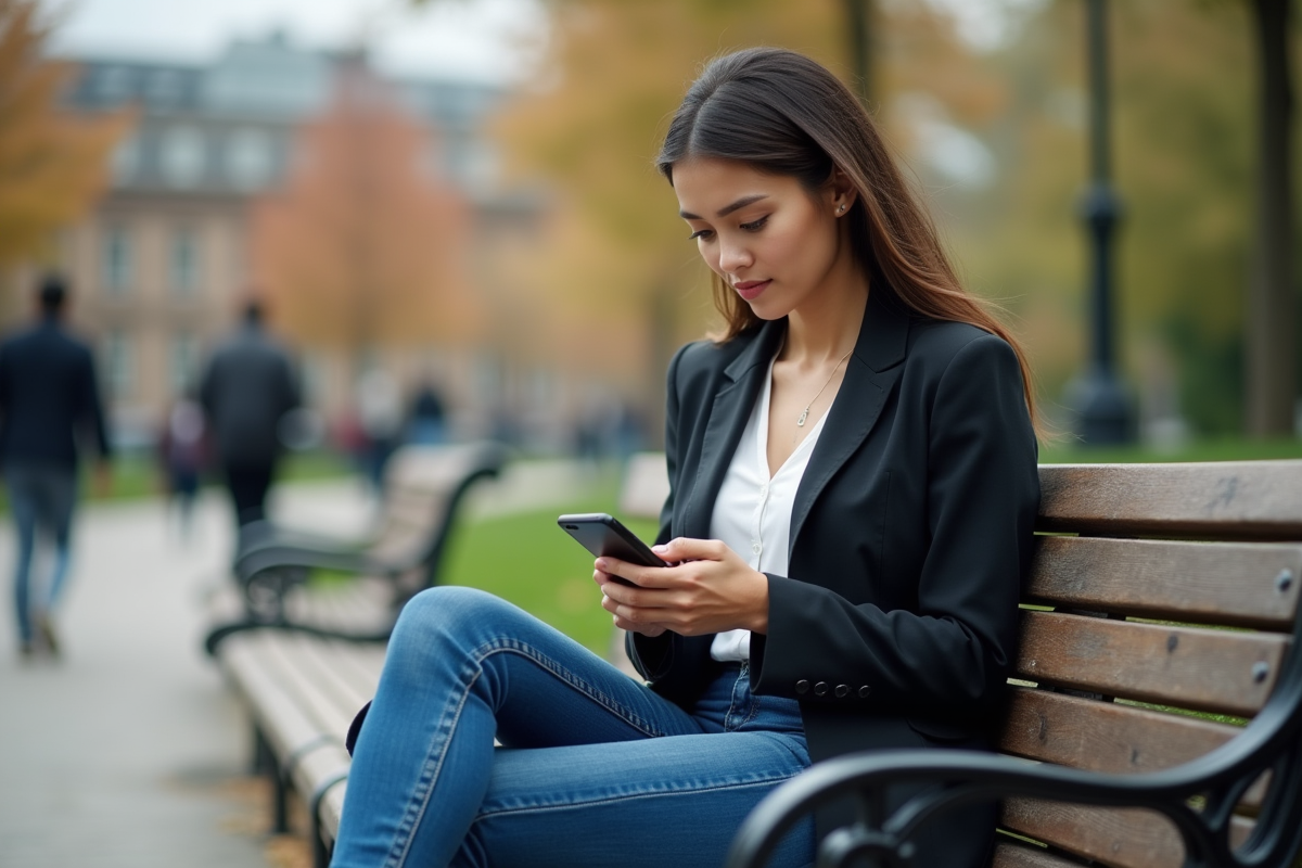 Jeune femme professionnelle utilisant son smartphone dans un parc