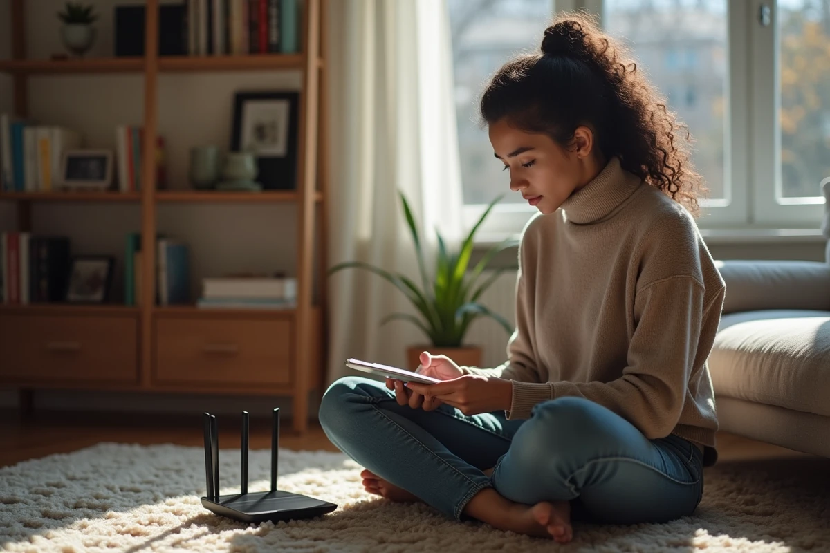 Jeune femme utilisant une tablette dans un salon cosy