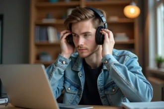 Jeune homme ajustant des casques audio dans un bureau moderne