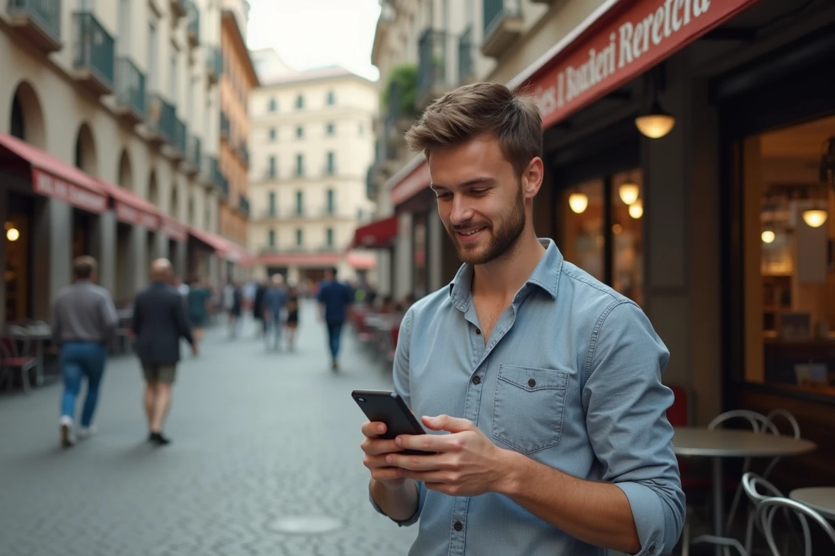 Jeune homme dehors utilisant son smartphone pour shopping en ligne