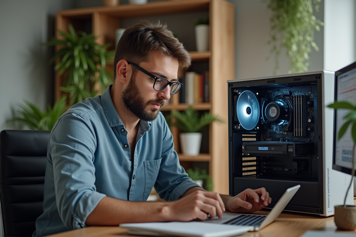Jeune homme en bureau examinant un ordinateur ouvert