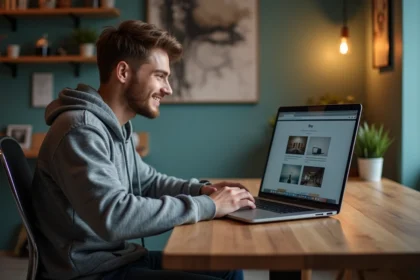 Jeune homme concentré sur son ordinateur dans un espace cosy