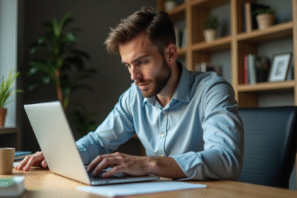Jeune homme analysant une page web dans son bureau moderne