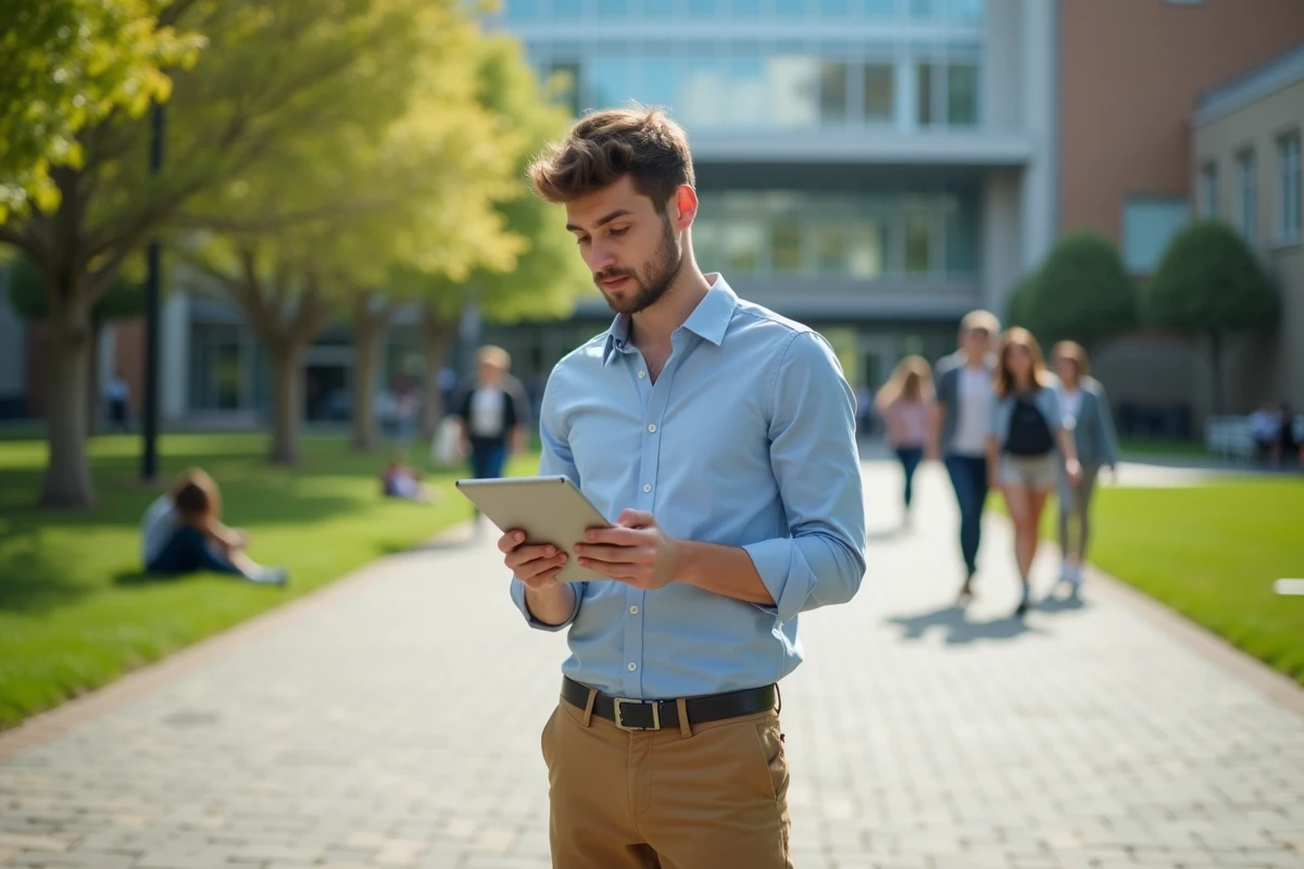 Jeune homme avec tablette dans un campus universitaire