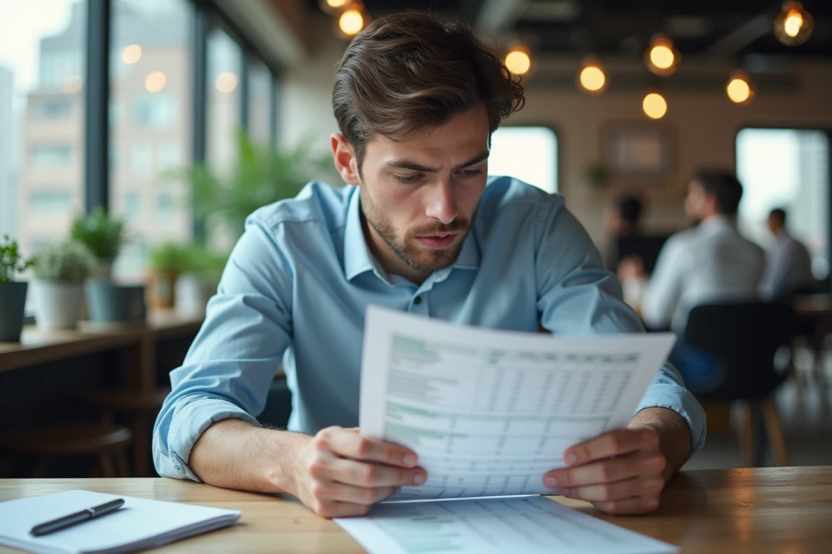 Jeune homme examinant une feuille Excel imprimée