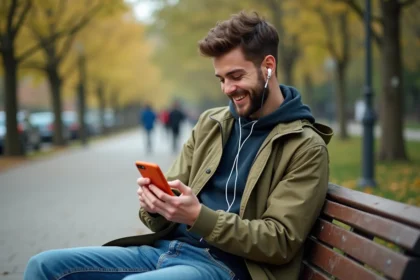 Jeune homme souriant avec téléphone orange dans un parc urbain
