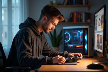 Jeune homme examine une carte graphique dans son bureau