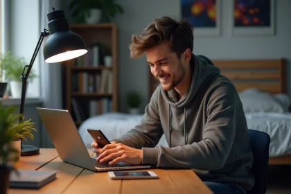 Jeune homme concentré utilisant son ordinateur portable et smartphone