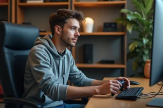 Jeune homme connectant une manette à son ordinateur dans un bureau