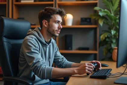 Jeune homme connectant une manette à son ordinateur dans un bureau