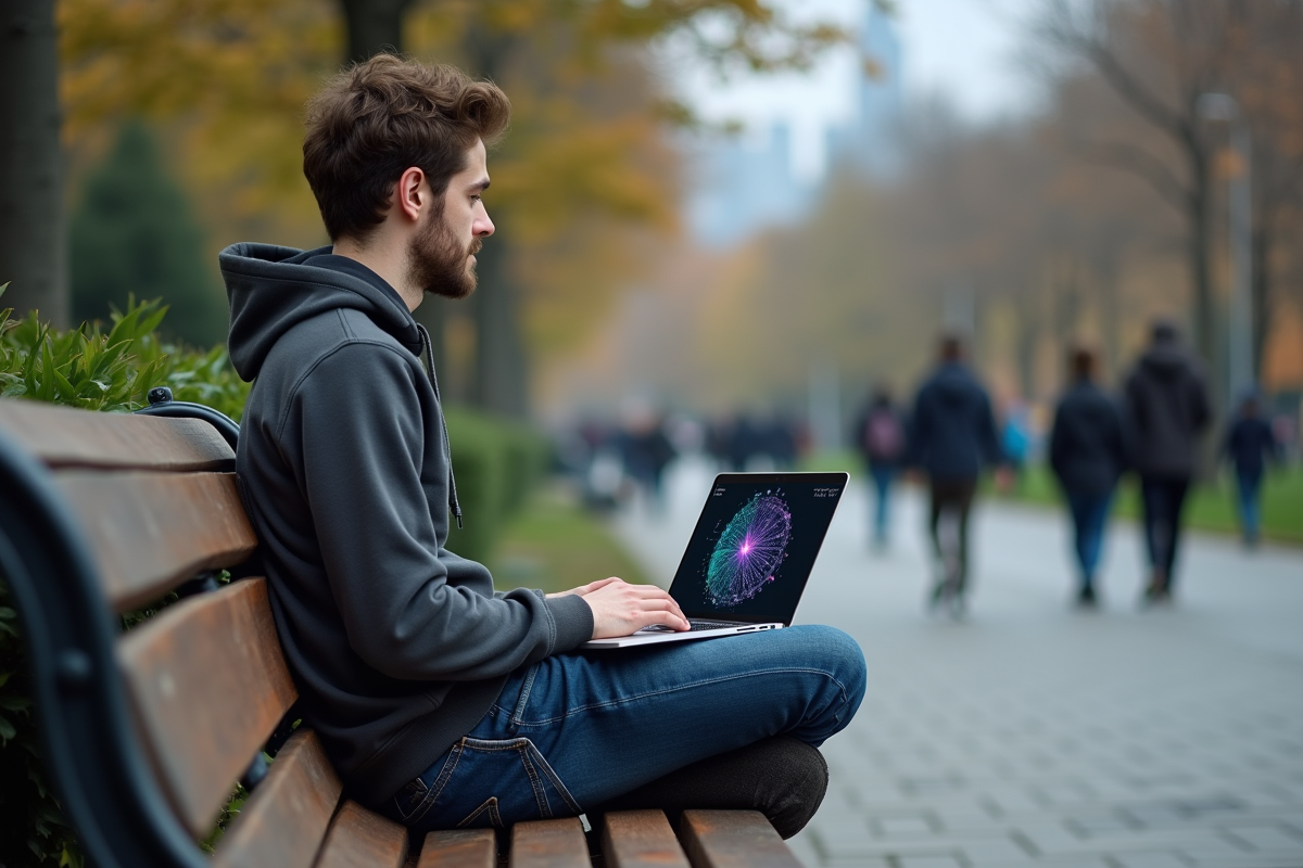 Jeune homme utilise un ordinateur dans un parc urbain