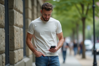 Jeune homme en ville glissant son smartphone dans la poche