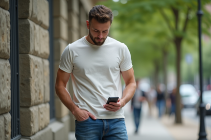 Jeune homme en ville glissant son smartphone dans la poche