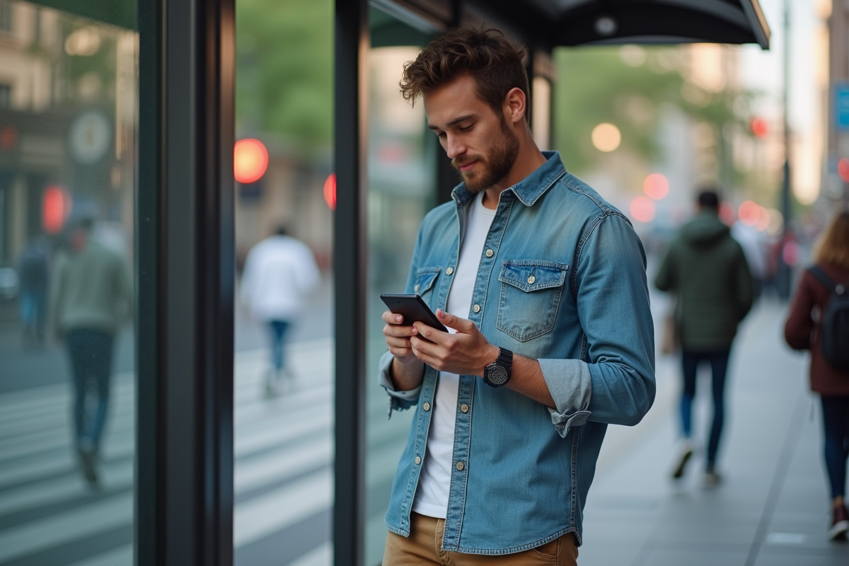 Jeune homme regardant son smartphone à un arrêt de bus urbain