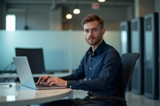 Jeune homme professionnel informatique travaillant sur un laptop dans un bureau moderne