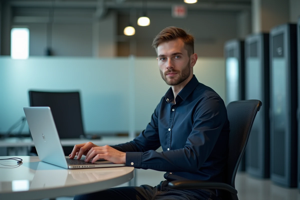 Jeune homme professionnel informatique travaillant sur un laptop dans un bureau moderne