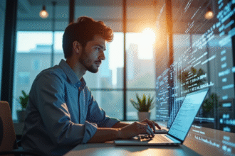 Jeune professionnel confiant travaillant sur un ordinateur dans un bureau moderne